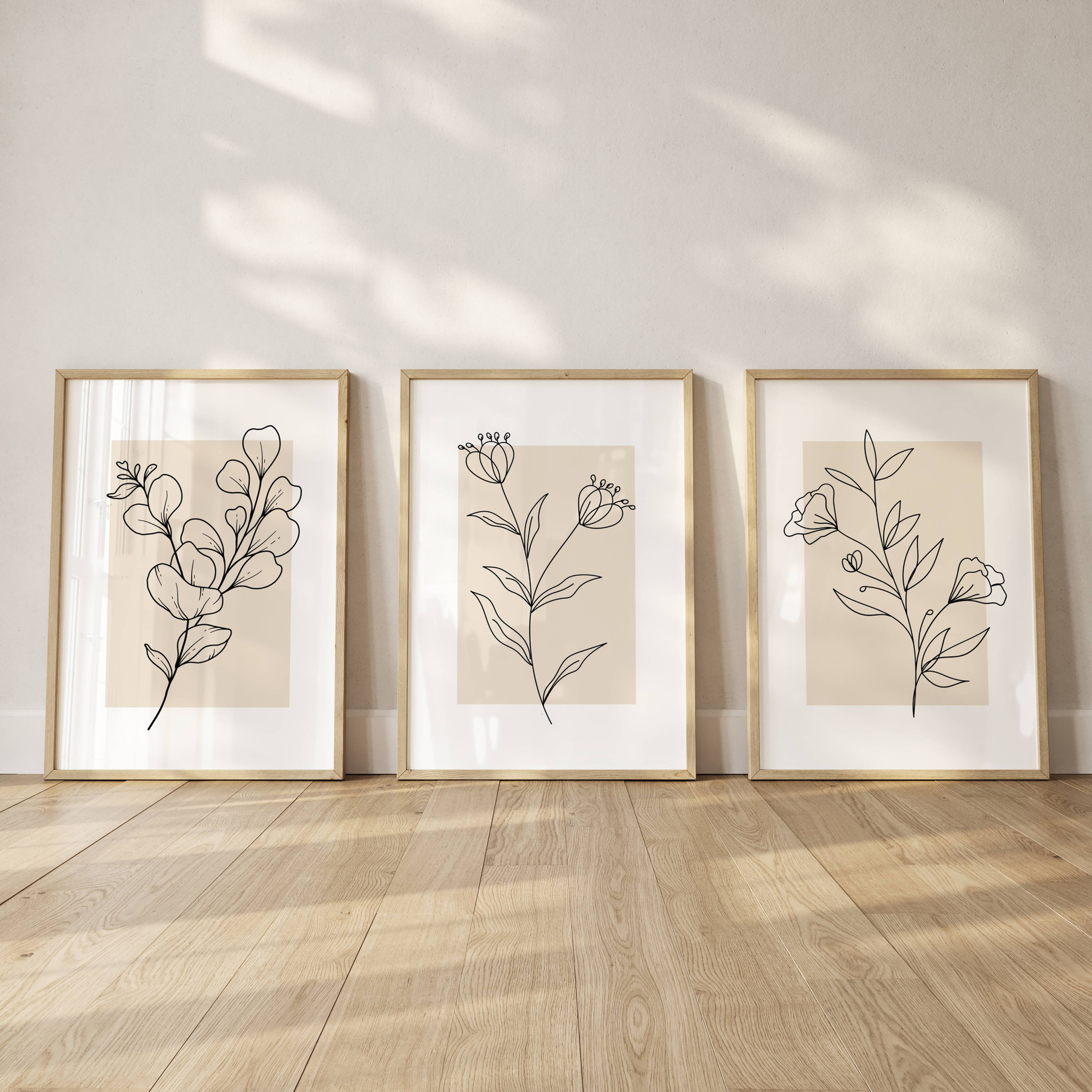 Minimalist Botanical Wall Art Set of 3 Neutral Floral Prints Modern Line Art