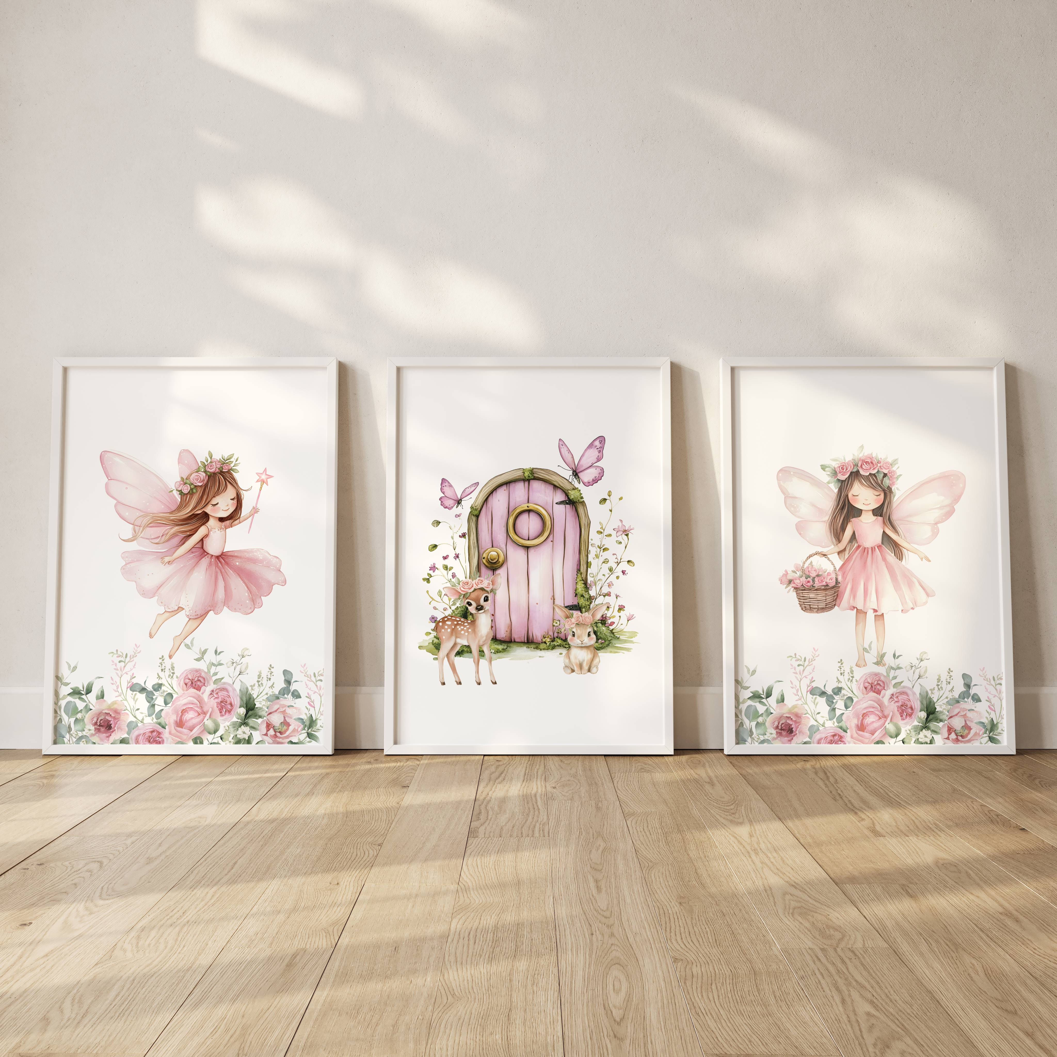 Pink Fairy Wall Art Set of 3 Prints, Girls Nursery Decor, Woodland Fairy Prints