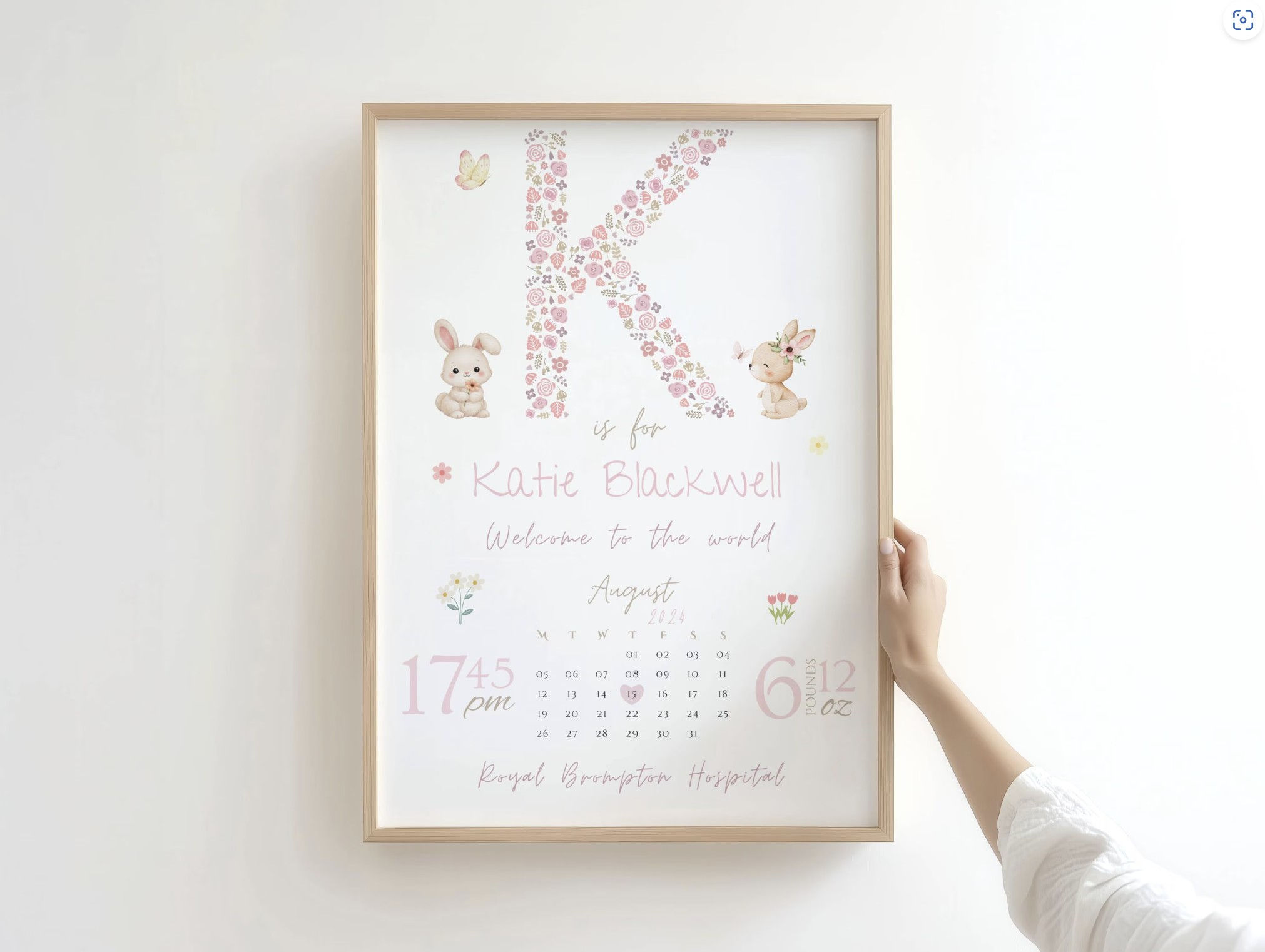 Personalized Baby Girl Birth Print: Floral Letter Keepsake