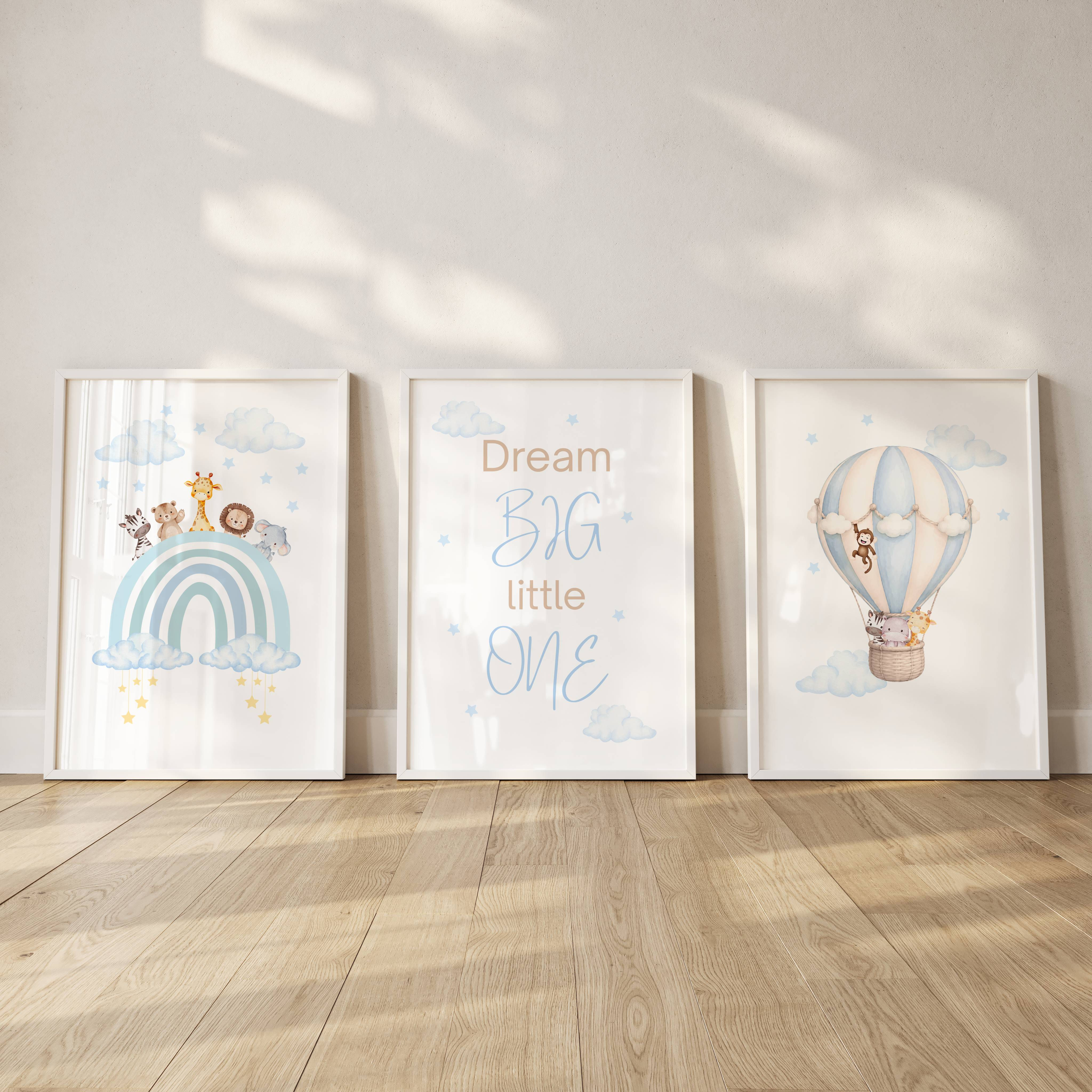Set of 3 Prints | Dream Big Little One Quote | Safari Animal Rainbow