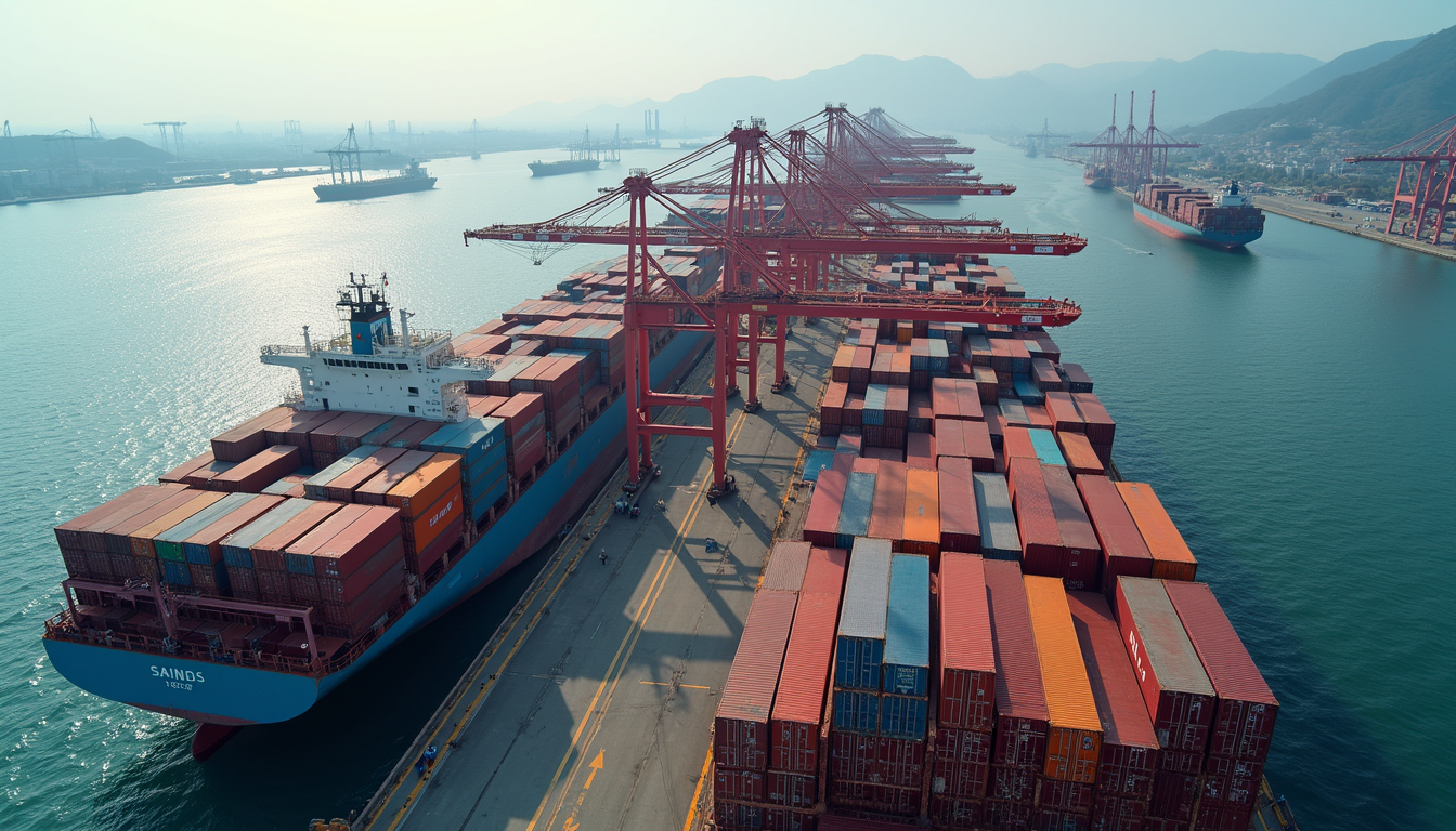 Container ships loading at a Korean port as K-beauty export volumes hit a record