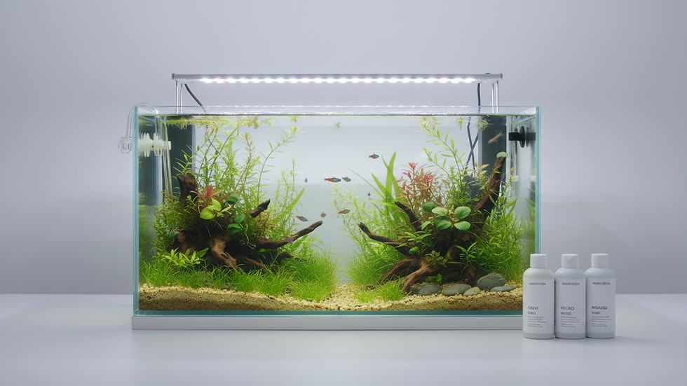 Eye-level view of a planted aquarium with healthy green aquatic plants