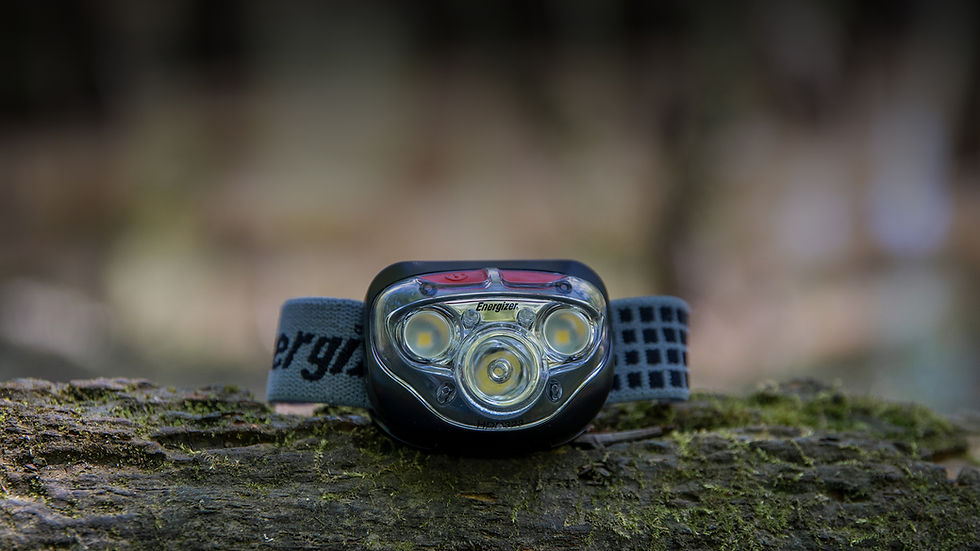 Headlamp sitting on a log
