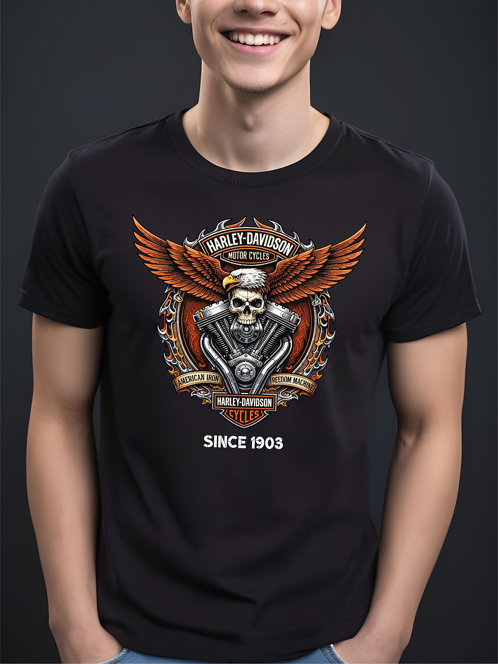 Harley Inspired - Black Round Neck - Biker T-Shirt - Front View Zoom