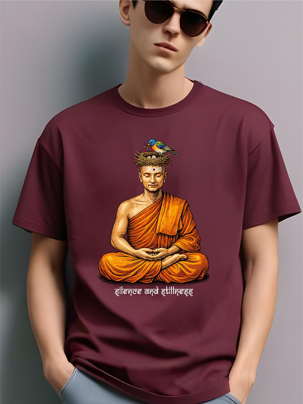 Silence and Stillness - Maroon, Round Neck, Awesome T-Shirt - Front View