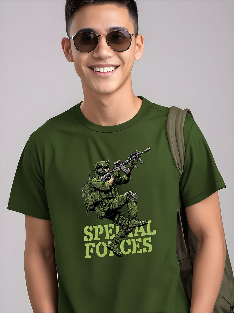Thumbnail: Special Forces - Army Themed, Military Green, Round Neck T-Shirt - Front Student