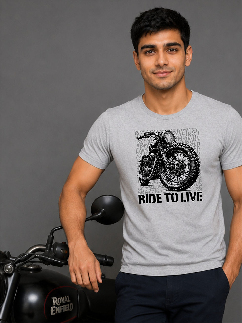 Thumbnail: Ride to Live - Grey Melange, Round Neck - Biker T-Shirt - Front View with Motorbike