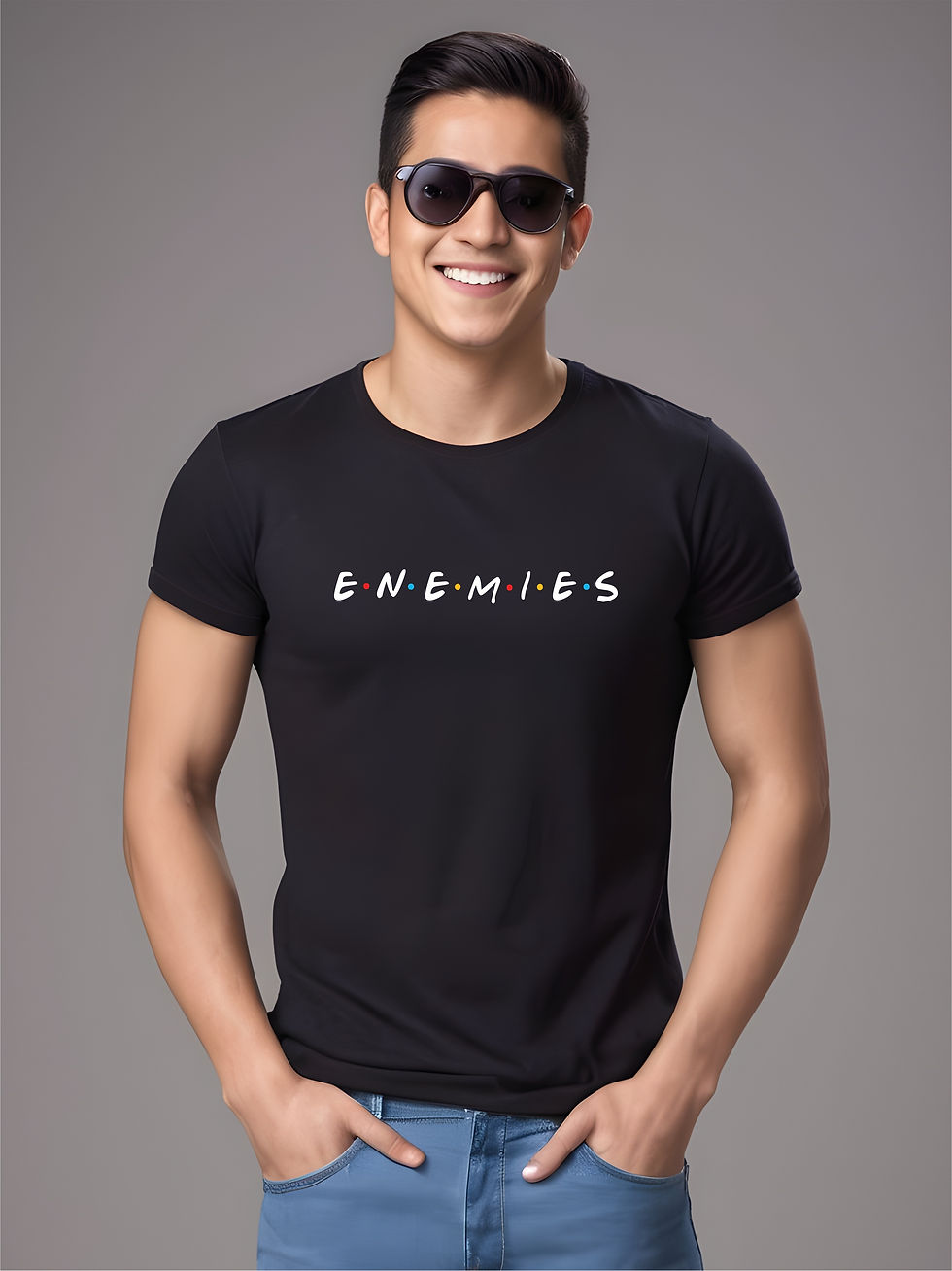 Thumbnail: Typography - Enemies - Black, Round Neck Awesome T-Shirt - Front, Model, Sunglasses