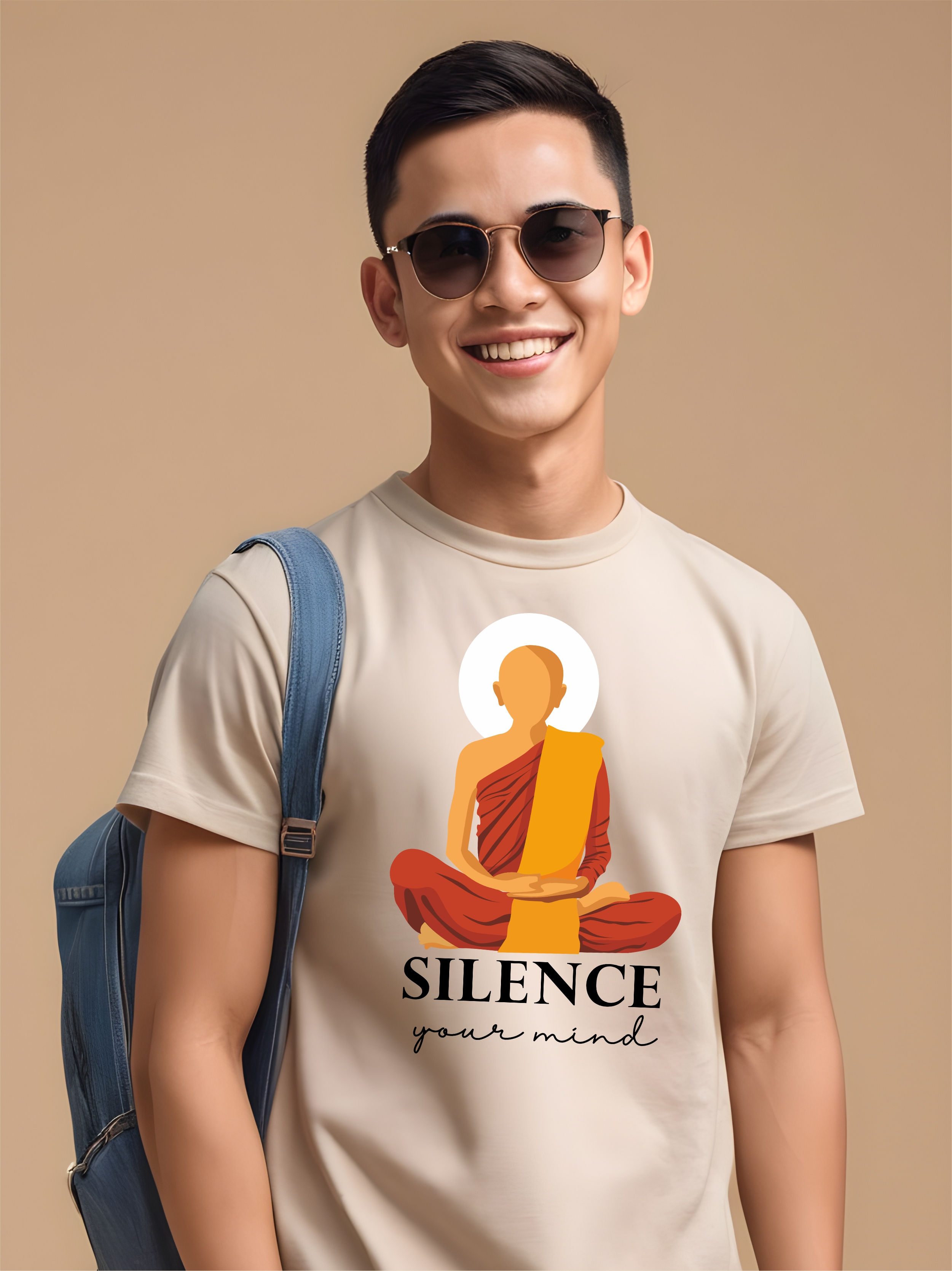 Silence Your Mind - Beige, Round Neck T-Shirt - Front