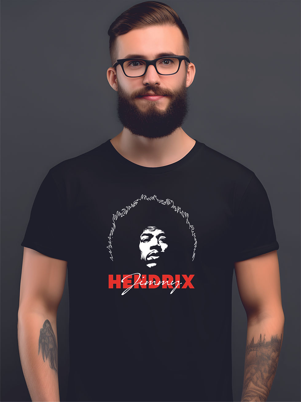 Thumbnail: Jimmy Hendrix Inspired - Black, Round Neck - Musical T-Shirt - Model Bearded