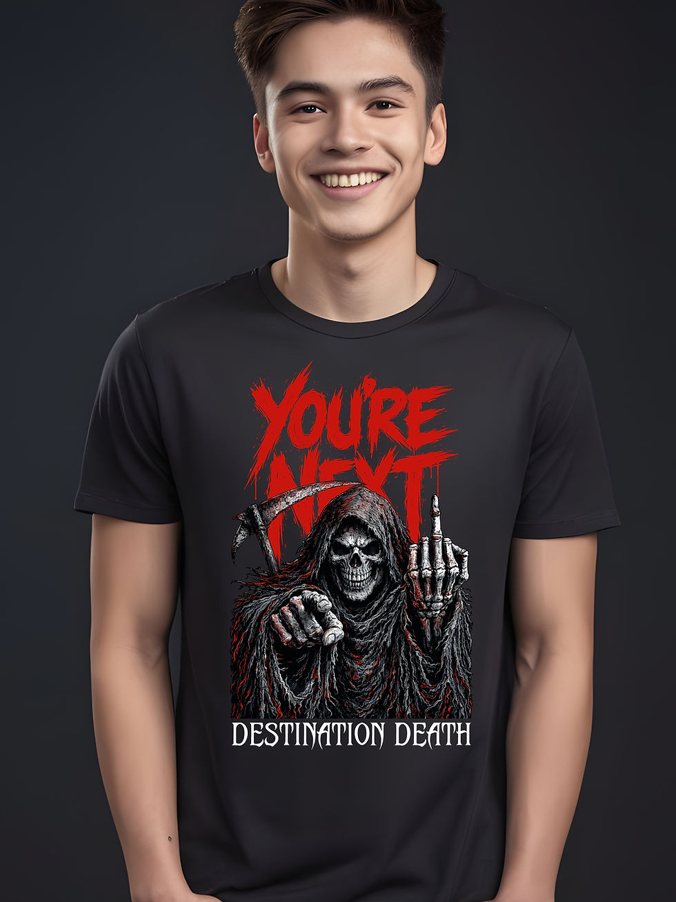 Grim Reaper - Black, Round Neck Awesome T-Shirt - Front View