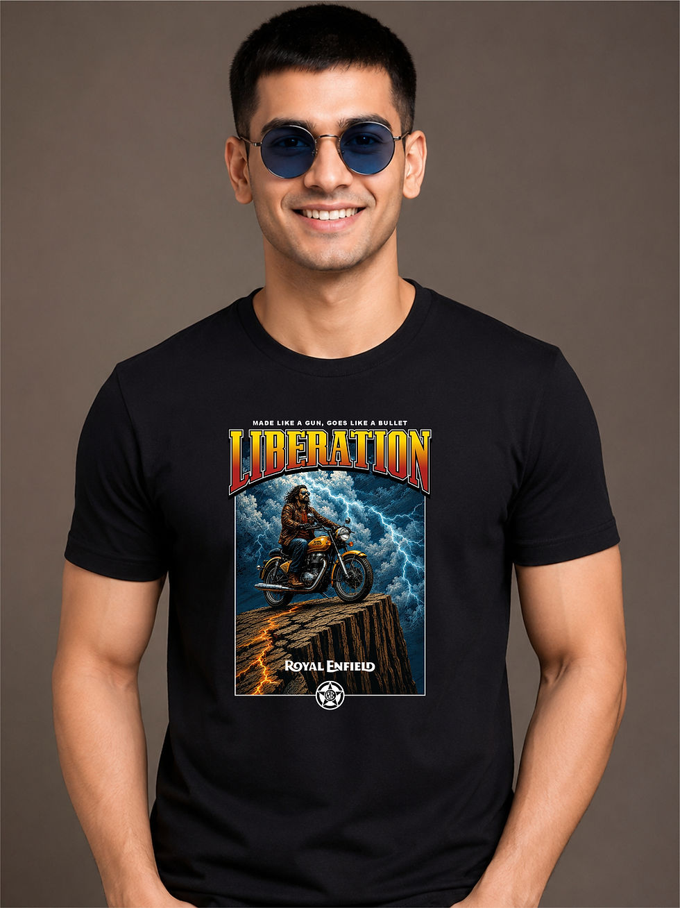 Thumbnail: Liberation - Royal Enfield Rider - Black, Round Neck - Biker T-Shirt - Front View Model Wearing Sunglasses