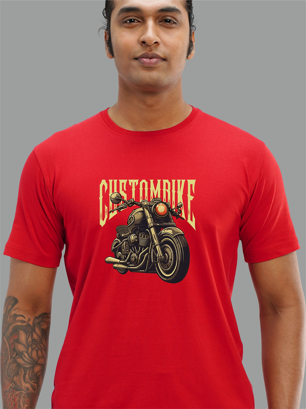 Custom Bike - Red, Round Neck - Biker T-Shirt - Front
