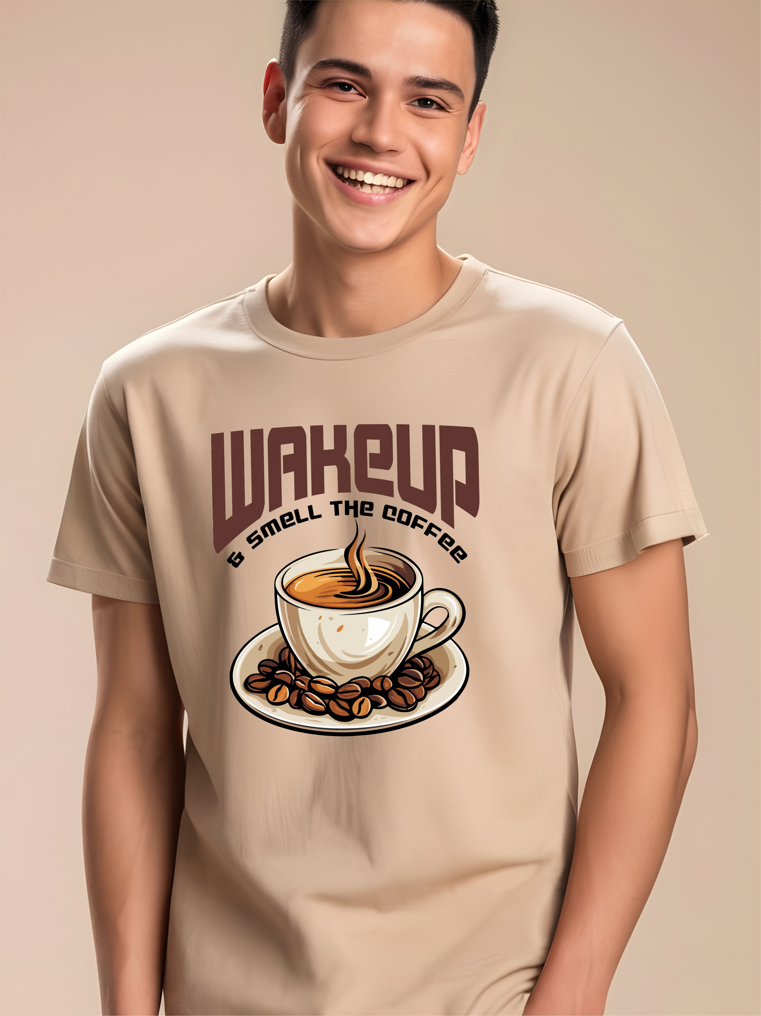 Wake Up and Smell the Coffee - Beige, Round Neck T-Shirt - Front View