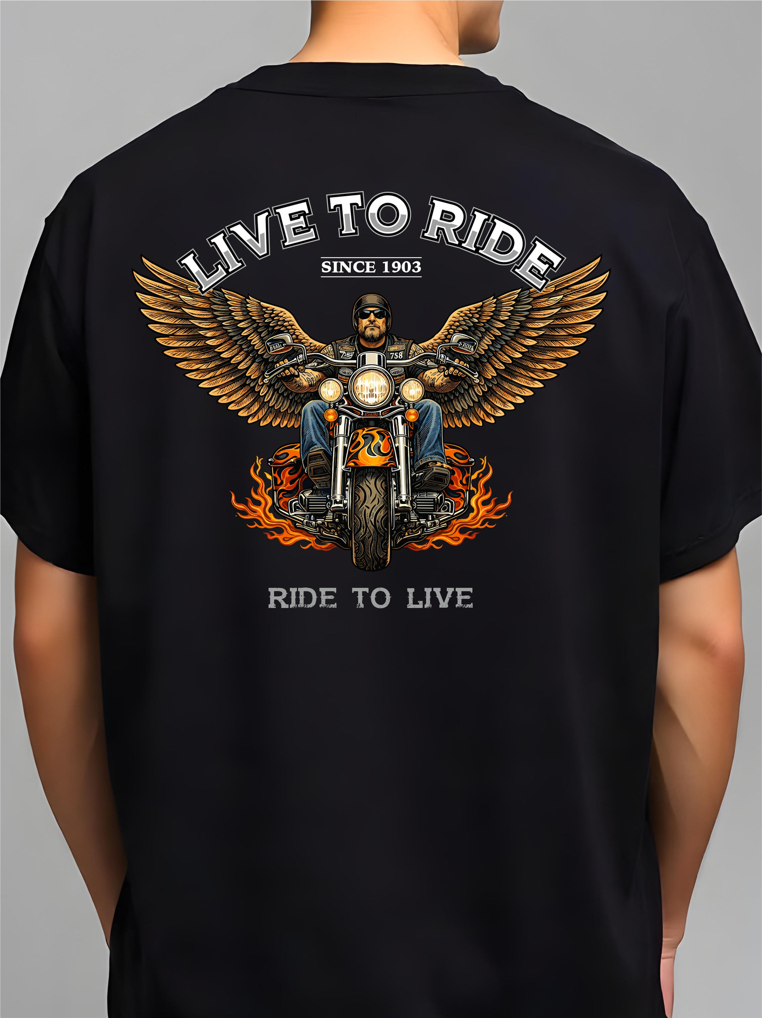 HARLEY INSPIRED - OVERSIZED, DROP SHOULDER, BLACK ROUND NECK - BIKER T-SHIRT