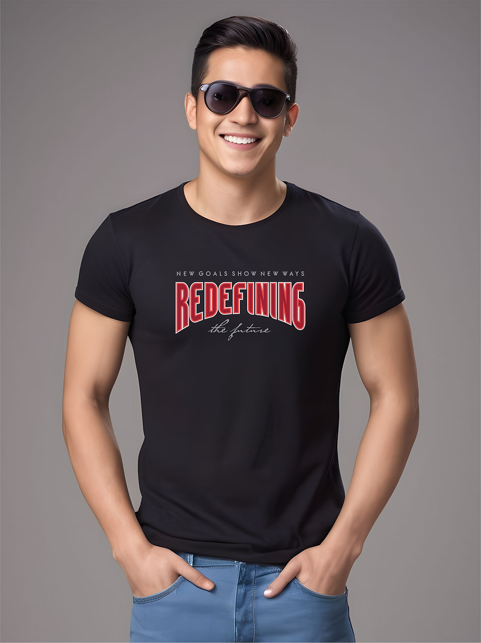 Thumbnail: Redefining the Future - Black, Round Neck Awesome T-Shirt - Front  Model Sunglasses