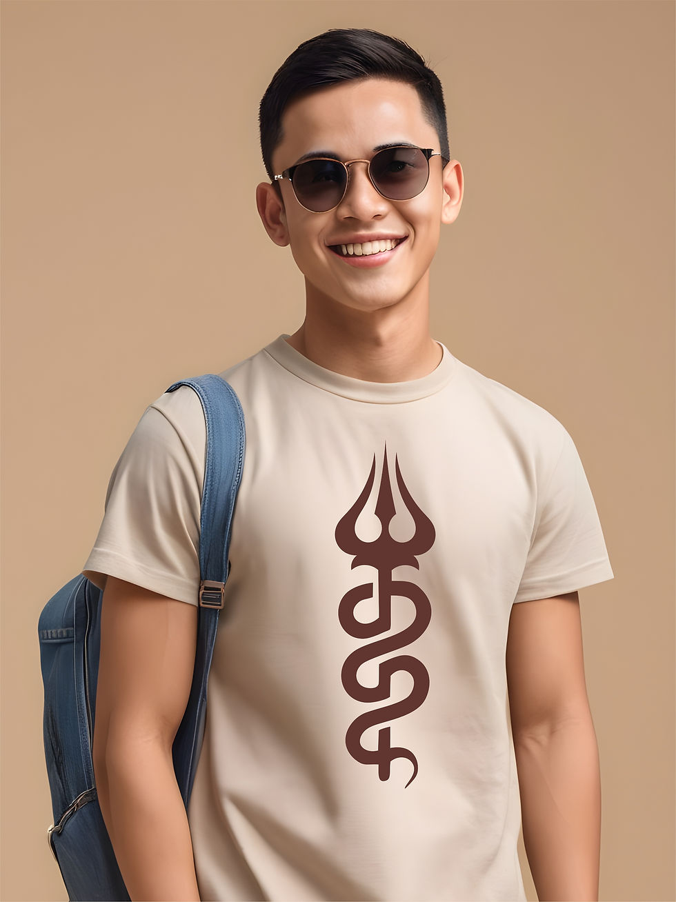 Thumbnail: Trishul With Snake - Beige, Round Neck, Indian Spirituality T-Shirt - Model Student Sunglasses