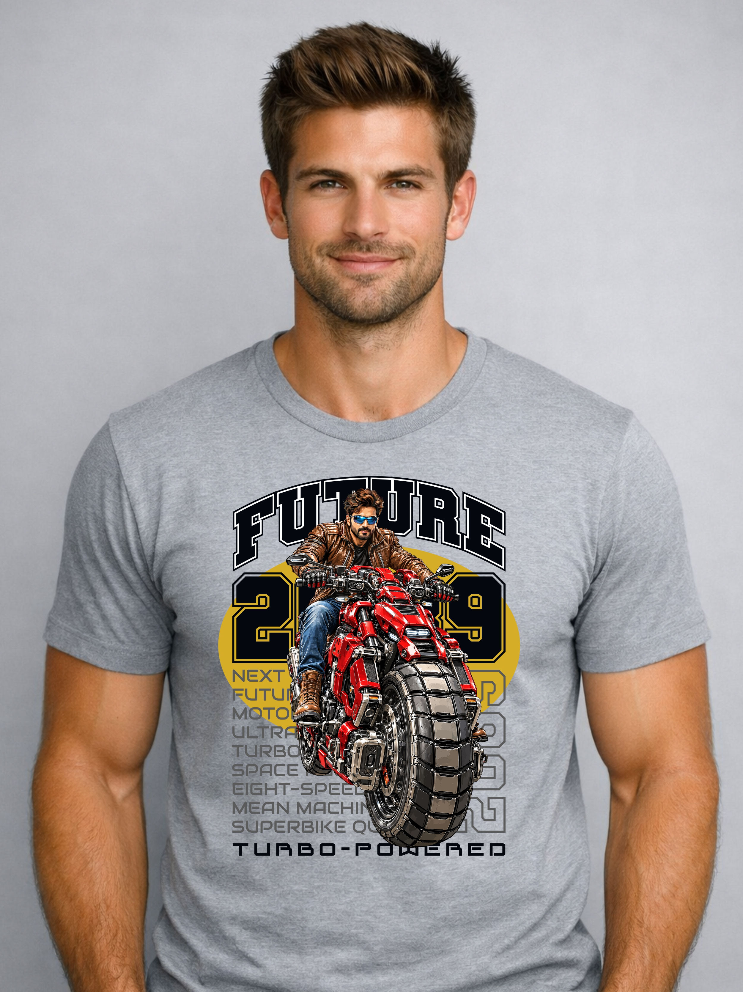 Future Biker - Grey Melange, Round Neck - Biker T-Shirt - Front View