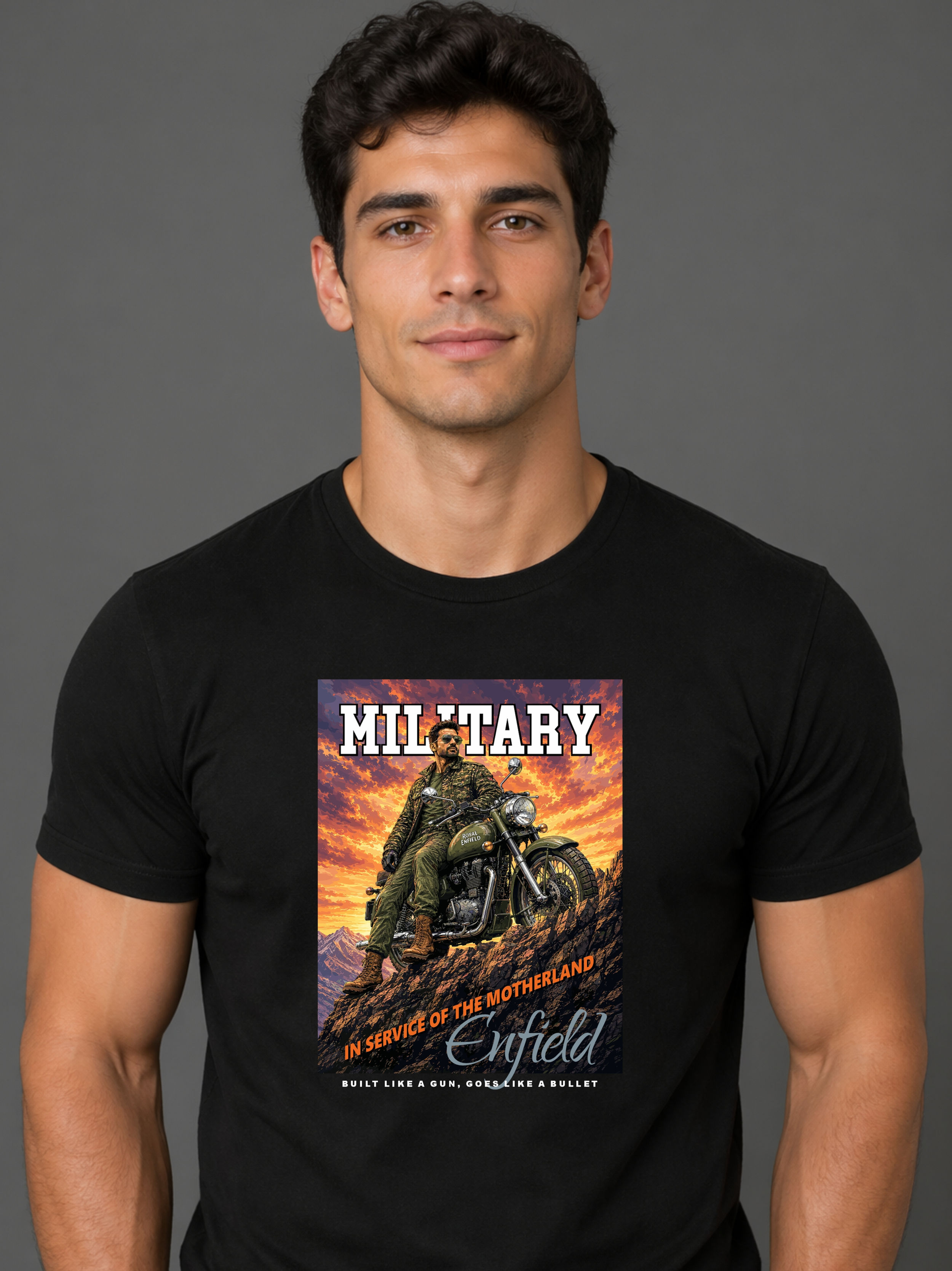 Military Spirit - Royal Enfield Rider - Black, Round Neck - Biker T-Shirt - Front View