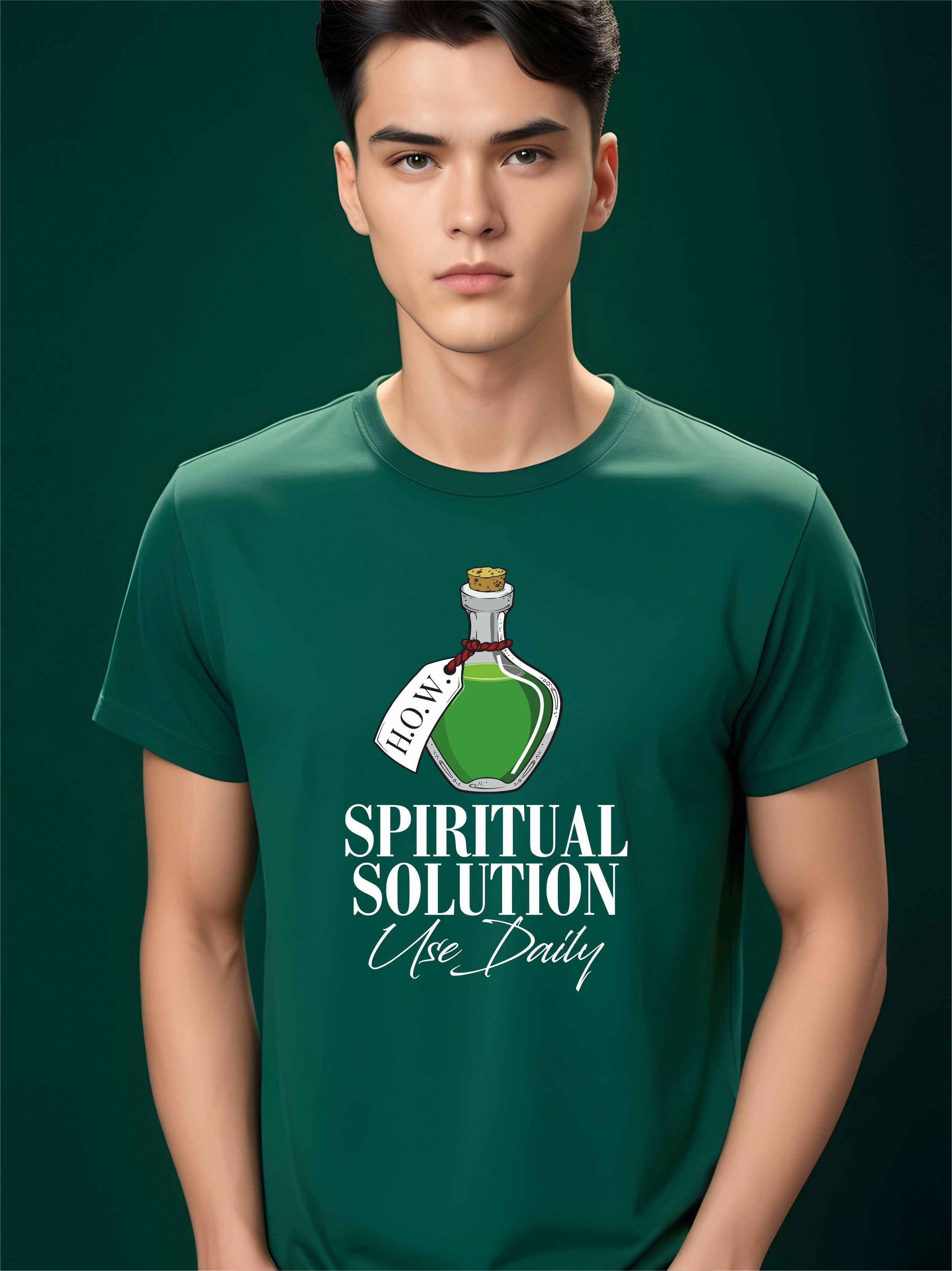 Spiritual Solution - Bottle Green Round Neck Recovery T-Shirt - Front View
