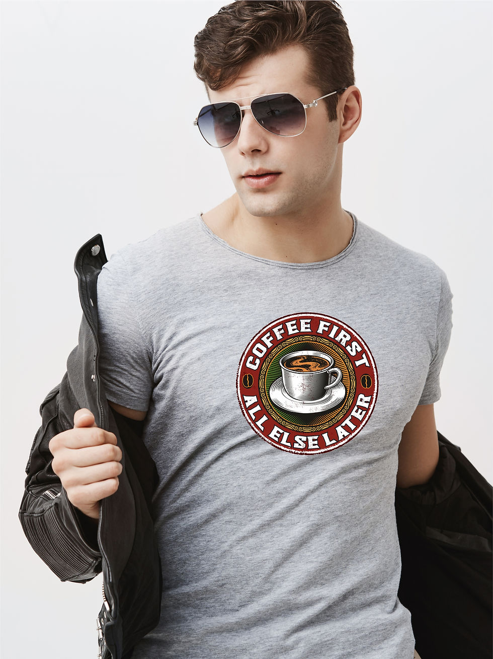 Thumbnail: Coffee First - Grey Melange, Round Neck Awesome T-Shirt - Cool Model