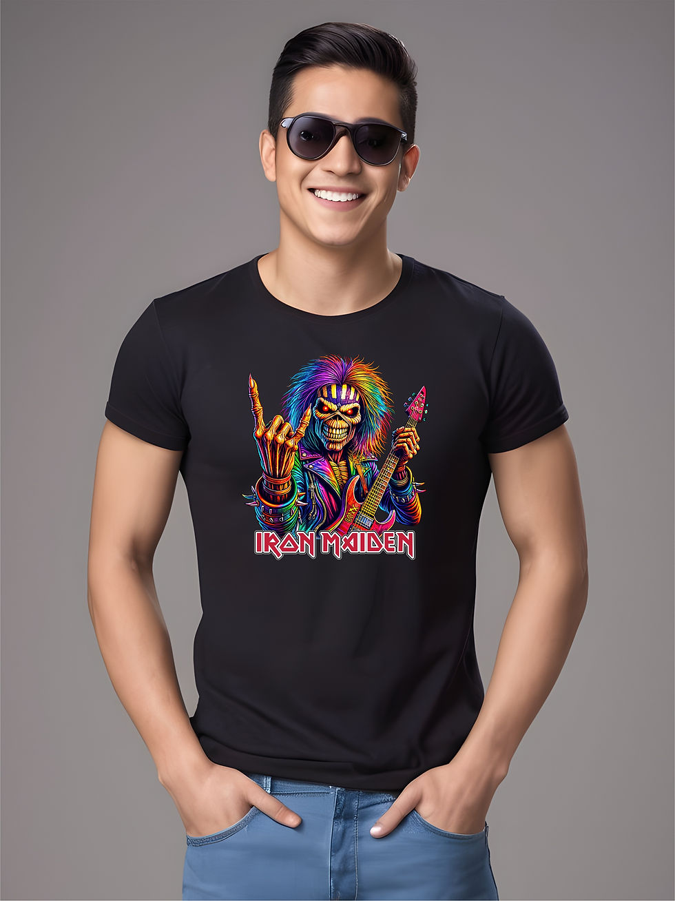 Thumbnail: Iron Maiden Psychedelic Eddie, Black Round Neck, Music T-Shirt - Front View Model Wearing Sunglasses