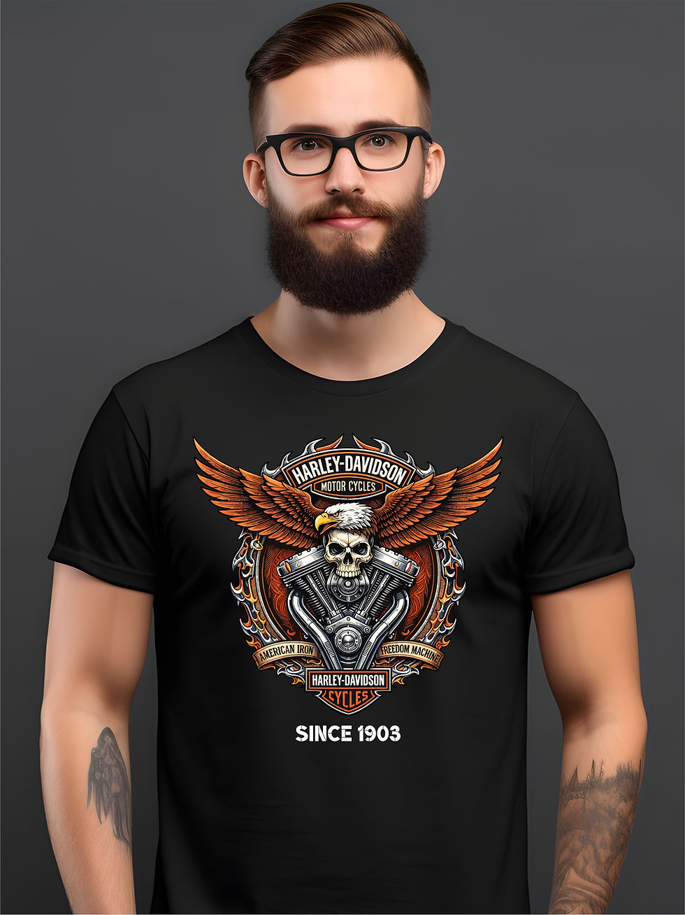 Harley Inspired - Black Round Neck - Biker T-Shirt - Front View