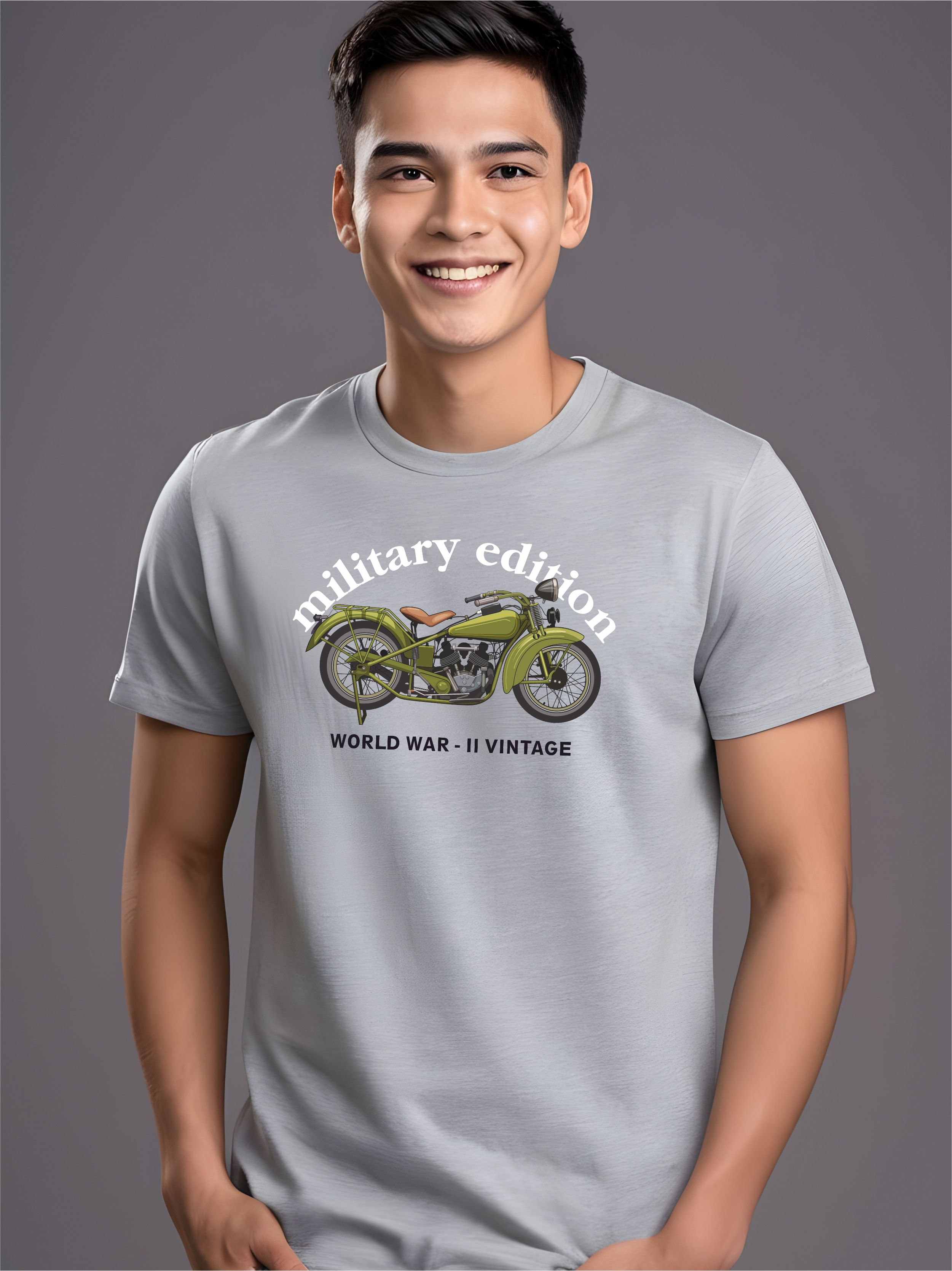 Military Edition - Steel Grey, Round Neck, Biker T-Shirt - Front VIew
