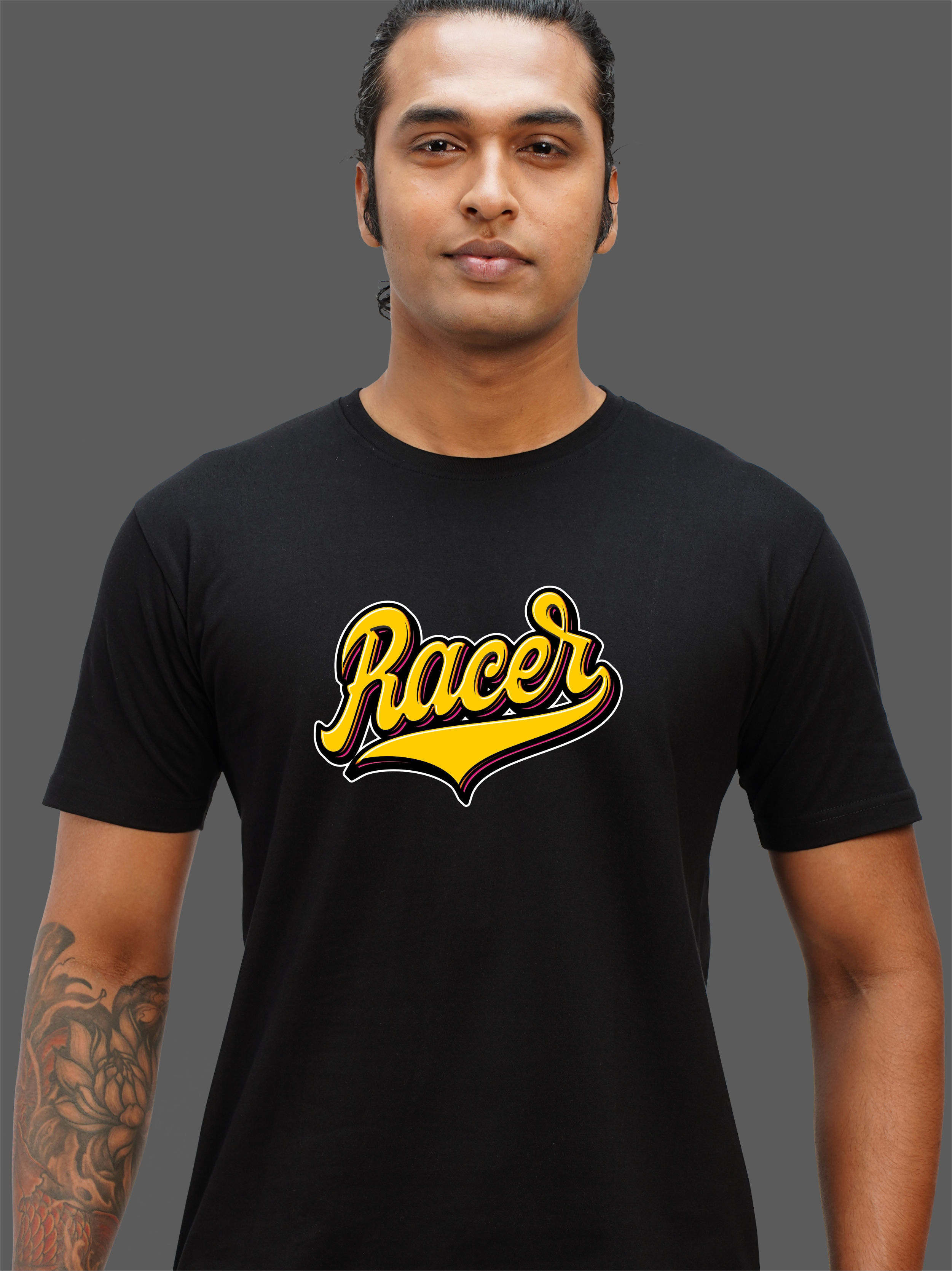 Racer - Typographic Black Round Neck - Biker T-Shirt - Front