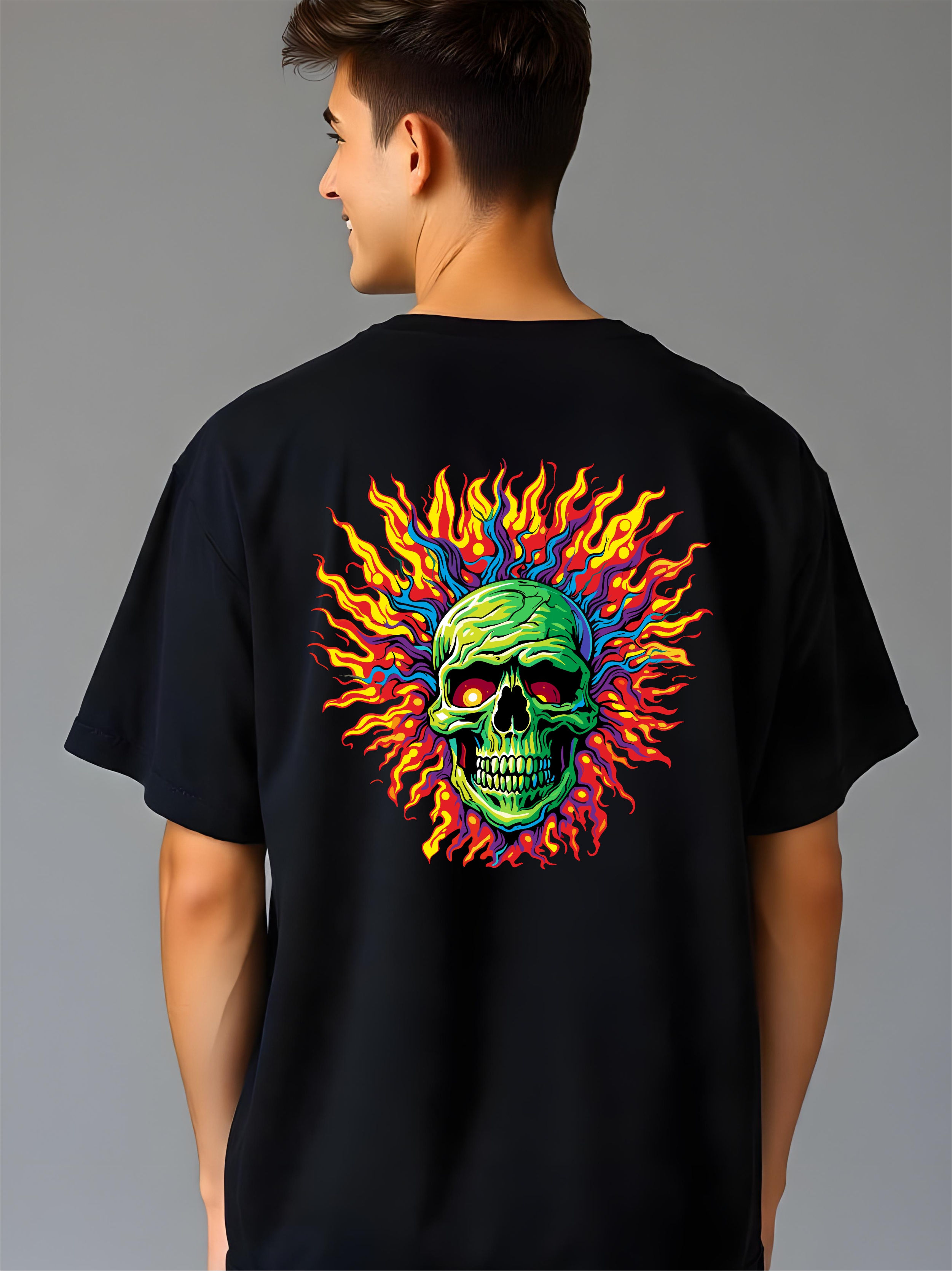 Colorful Skull - Oversized Black, Round Neck Awesome T-Shirt - Back View