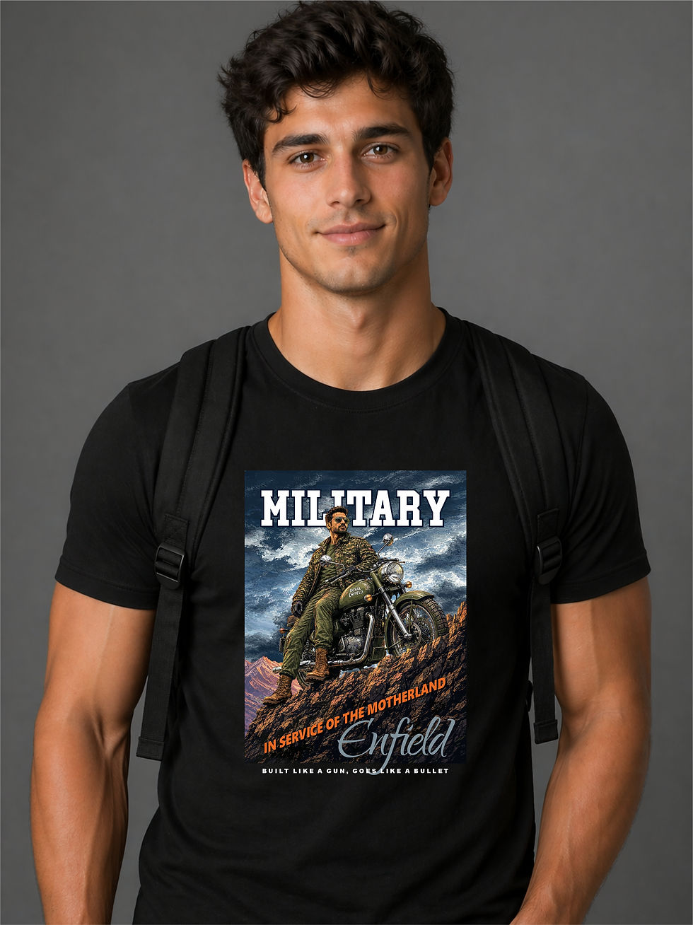 Thumbnail: Military Spirit - Royal Enfield Rider - Black, Round Neck - Biker T-Shirt - Front View