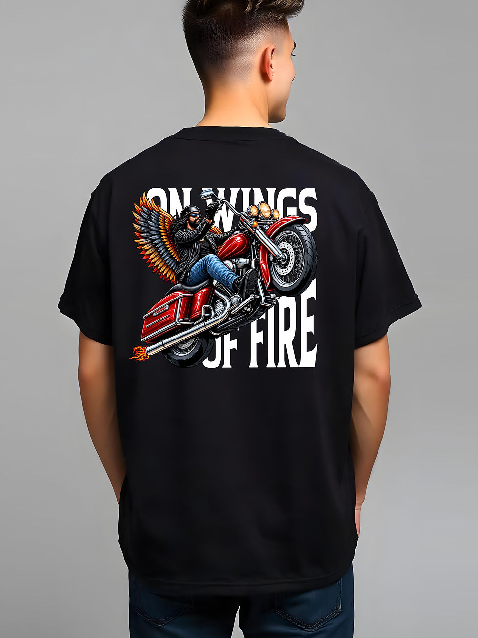 On Wings of Fire - Black Round Neck, Oversized, Drop Shoulder - Biker T-Shirt - Back View