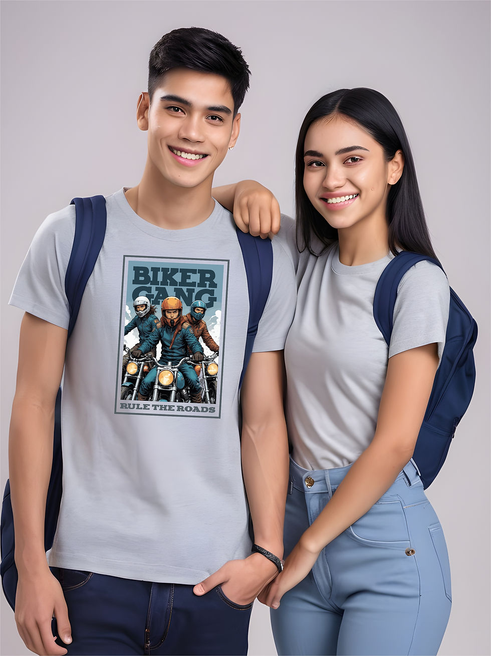 Thumbnail: Biker Gang - Steel Grey, Round Neck, Biker T-Shirt - Model Couple