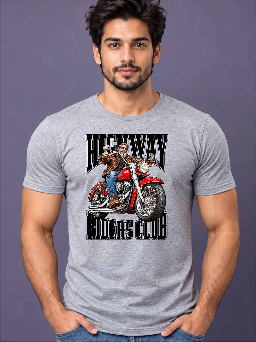 Highway Riders Club - Grey Melange, Round Neck - Biker T-Shirt - Front View