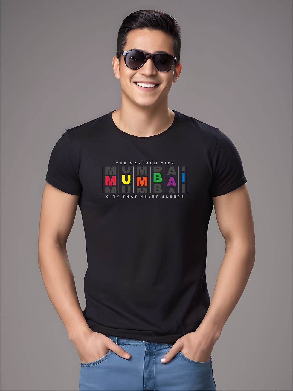 Thumbnail: Mumbai Typographic - Black, Round Neck Awesome T-Shirt - Model, Sunglasses