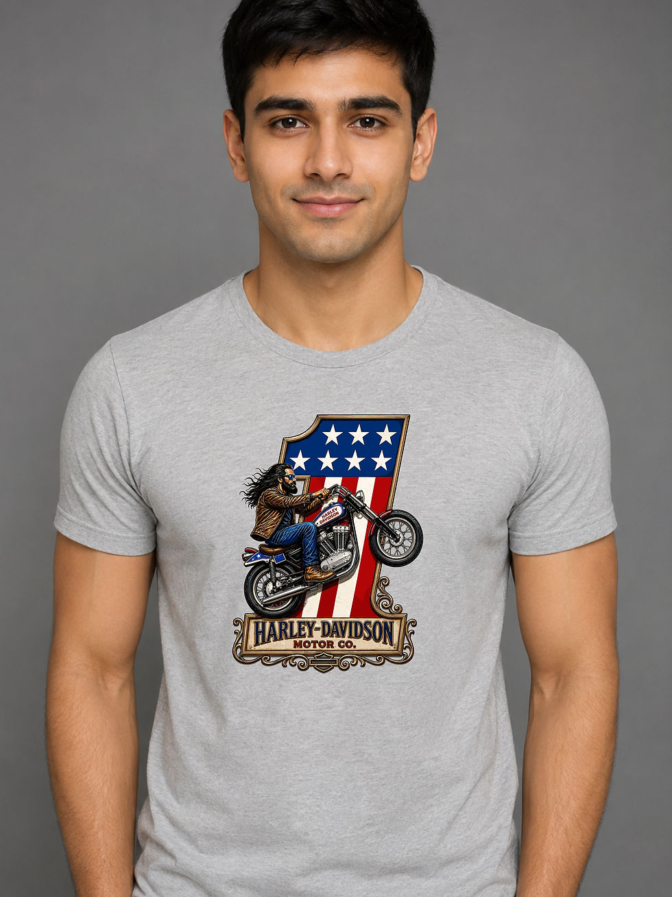 No. 1 Harley - Grey Melange, Round Neck - Biker T-Shirt - Front View