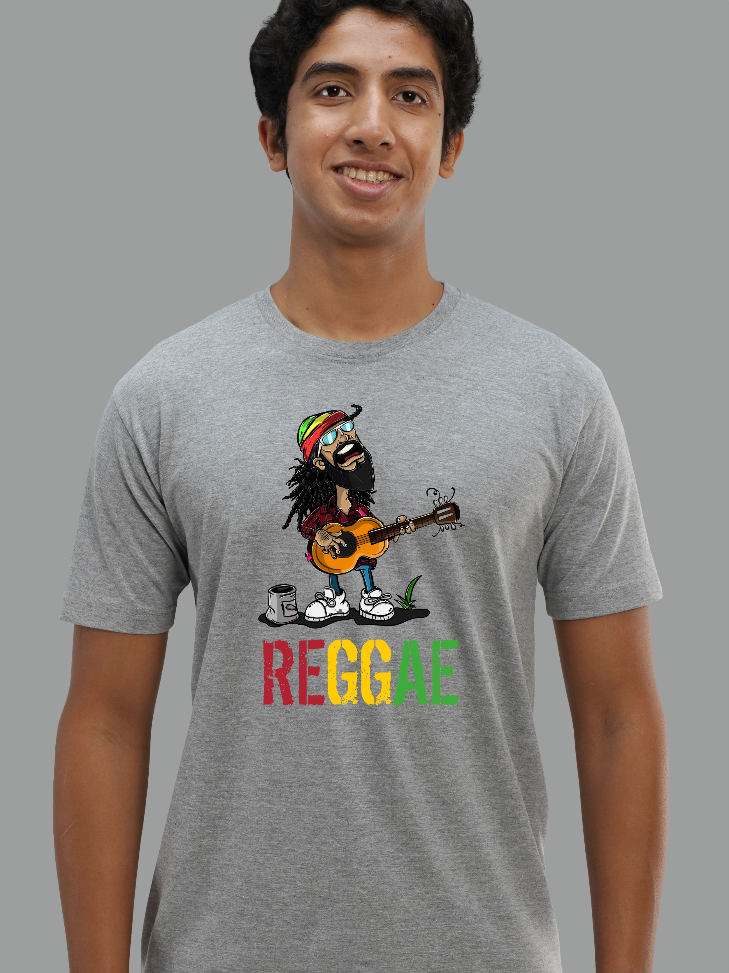 Reggae - Grey Melange, Round Neck, Musical T-Shirt - Front View