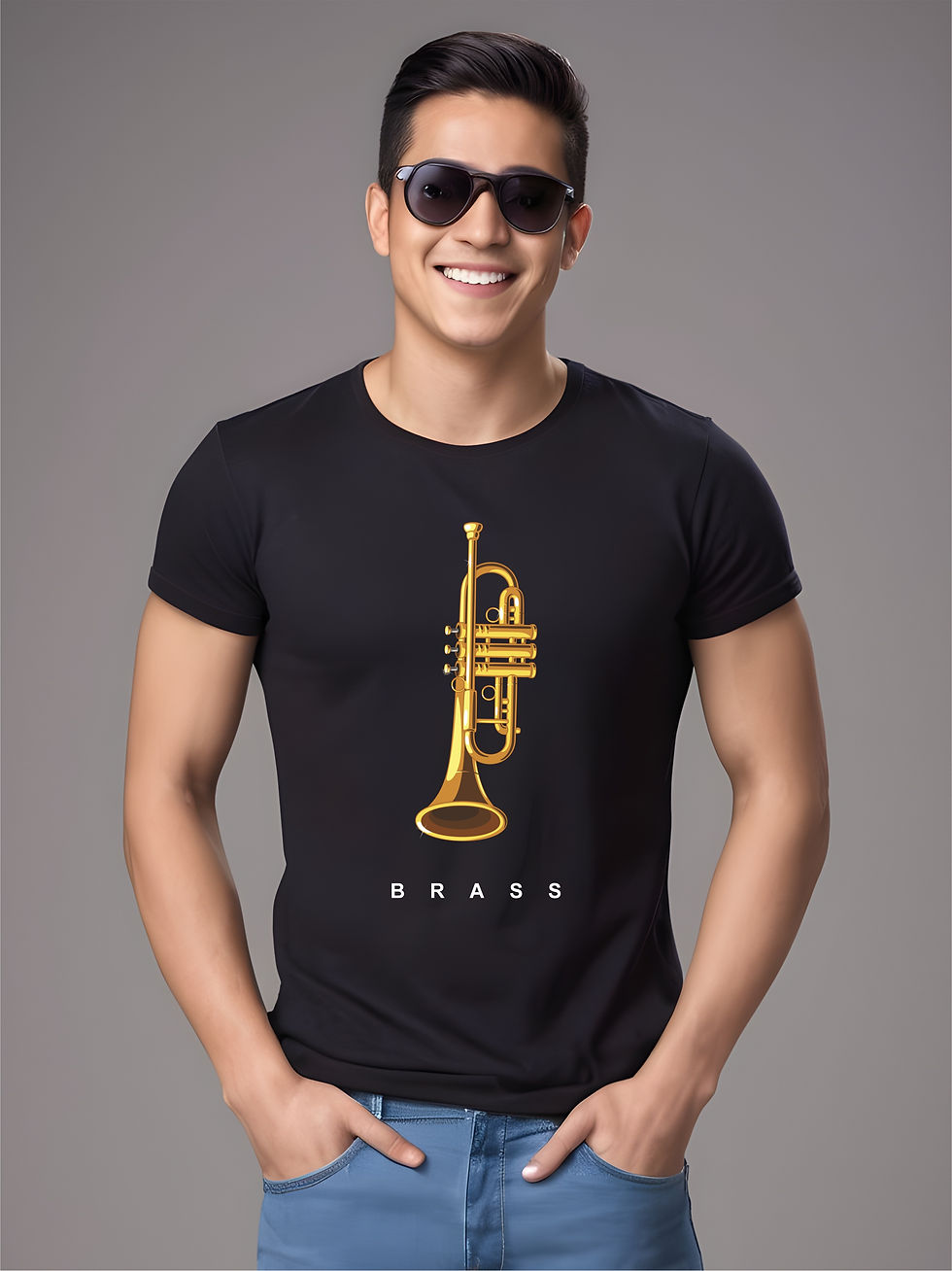 Thumbnail: Brass Trumpet - Black, Round Neck, Musical T-Shirt - Model Wearing Sunglasses
