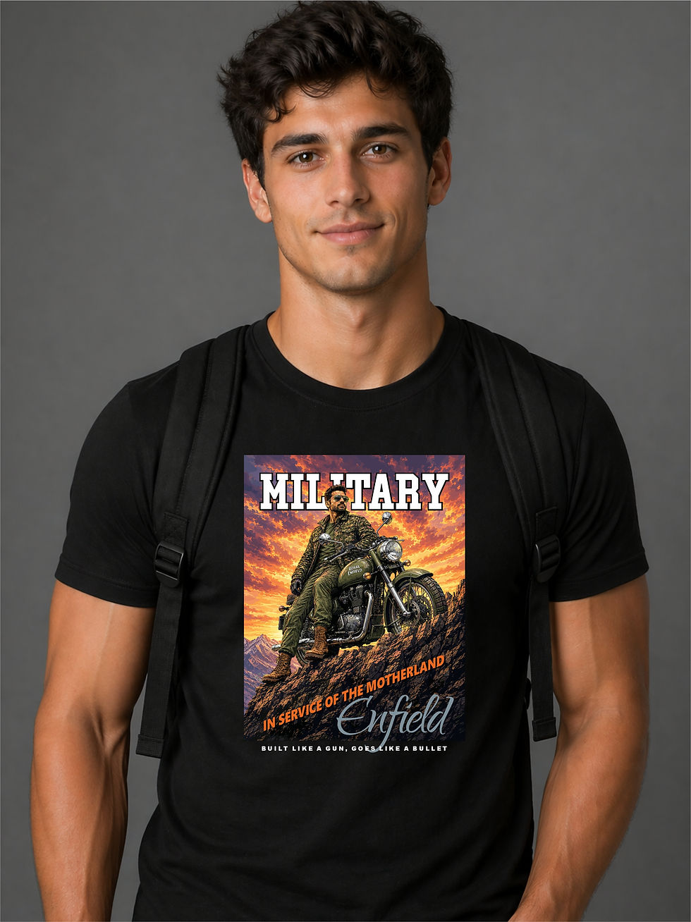 Thumbnail: Military Spirit - Royal Enfield Rider - Black, Round Neck - Biker T-Shirt - Front View