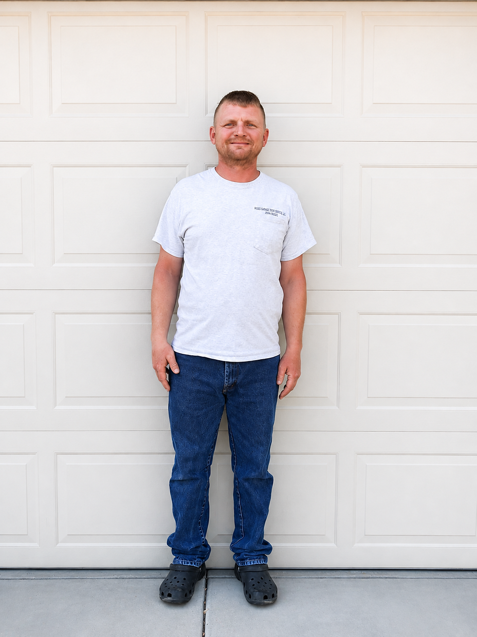John Riggs, owner of Riggs Garage Door Service, standing in front of a residential garage door
