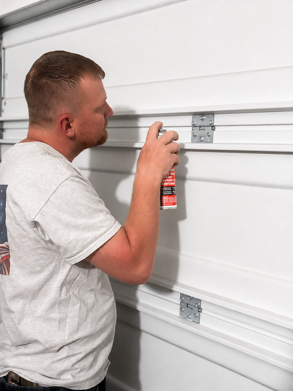Riggs Garage Door Service technician lubricating a residential garage door during routine maintenance