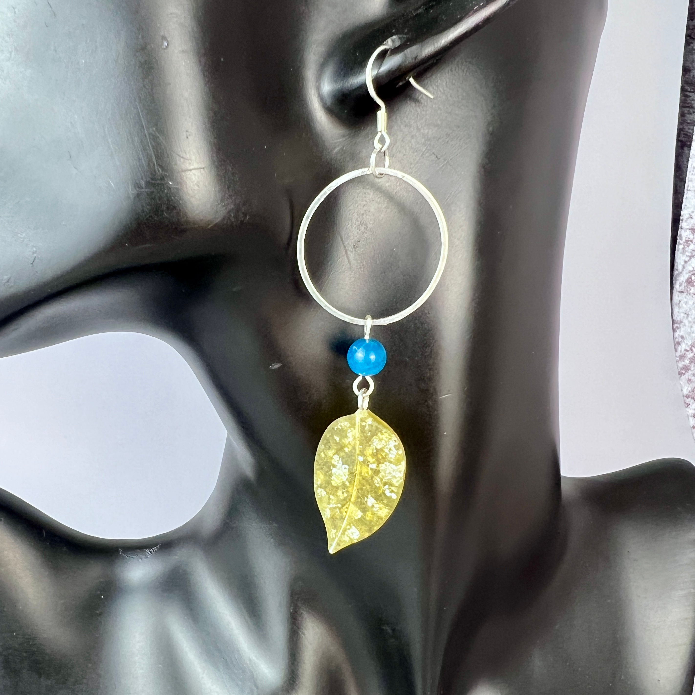 Hoop and bead Leaf Earrings - Hessonite and Silver