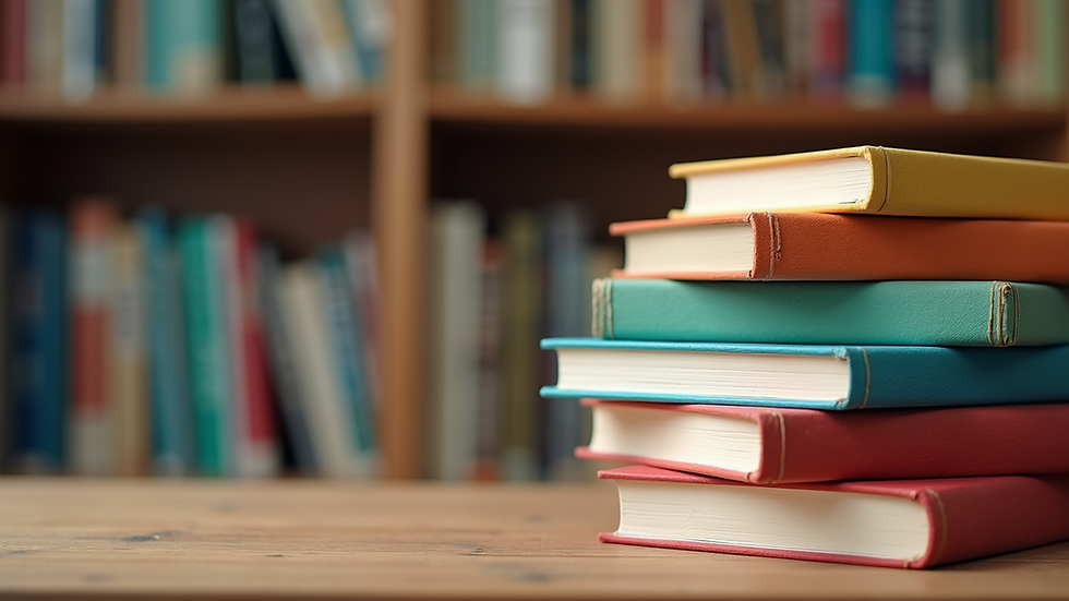Close-up view of a pile of colorful books stacked on a wooden surface