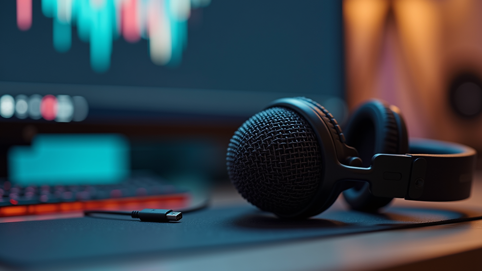 Close-up view of a USB microphone and headphones on a desk