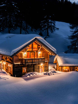 Snow-covered wooden chalet illuminated at night in Austrian Alps