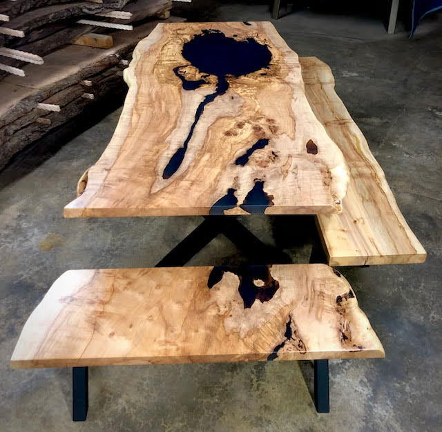 Live Edge Dining Table w/ Matching Benches - Silver Maple