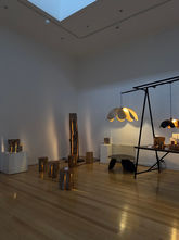 In a darkened room, lights of various shape and size illuminate the space in random patterns. Shafts of light shine out from cracks in tree trunks and stump, beaming up the white walls and across the wooden floors. some lights hang from a dark frame, with curved timber petals casting curved shadows on the wall.