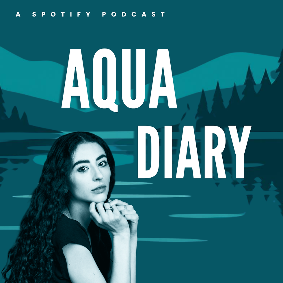 A teal and blue mountain background with the word aquadiary written in white, and a girl in black and white in front with dark curly hair.