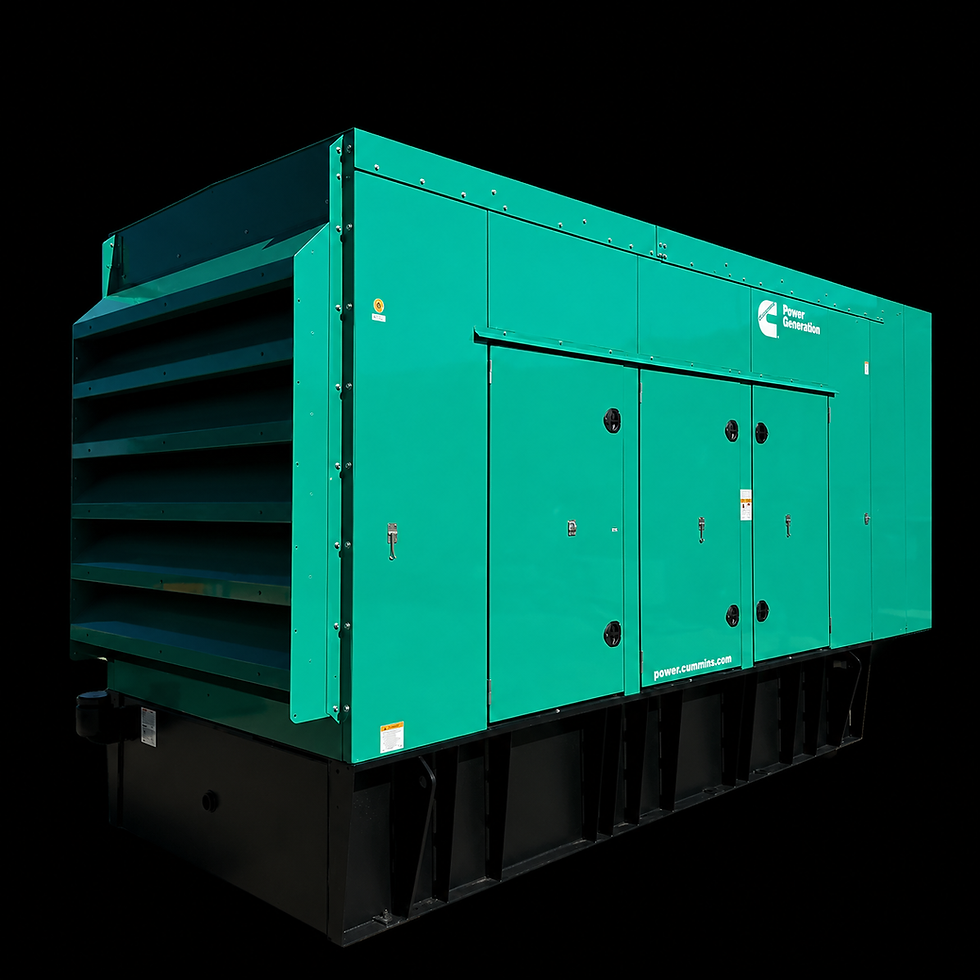 Landscape photo of a large teal industrial generator unit on a black background, strong contrast, landscape aspect ratio.