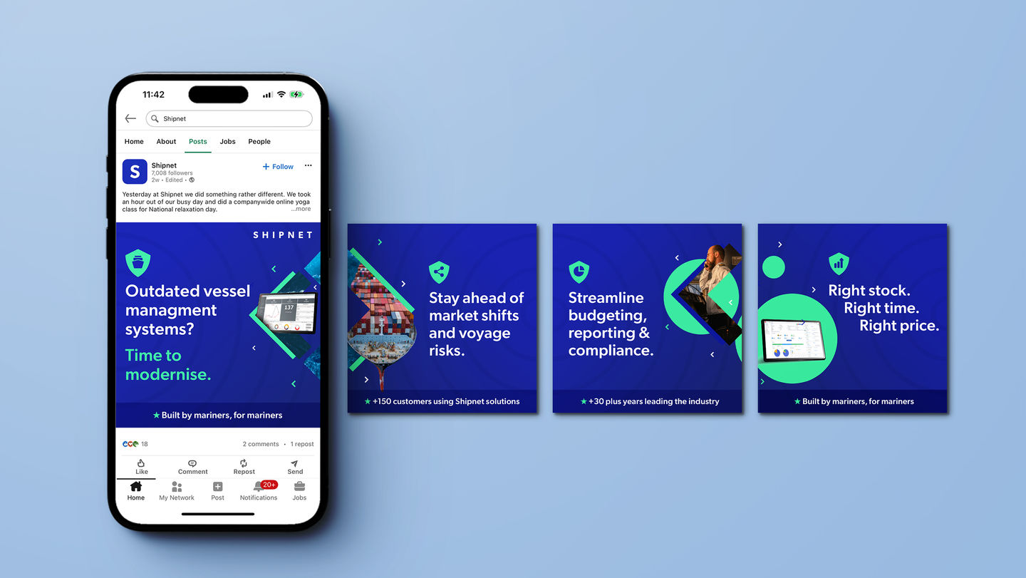 LinkedIn advertising carousel design for Shipnet maritime technology, showing professional digital campaign visuals on mobile screen.